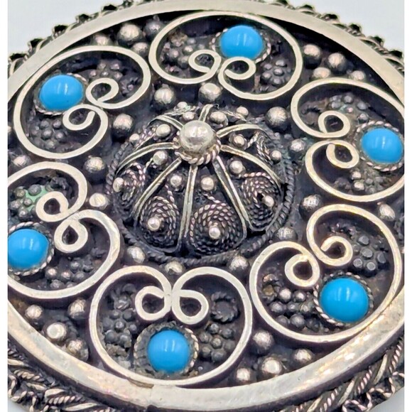 935 Sterling Silver Turquoise Jerusalem Israel Etruscan Revival Brooch Pendant - Picture 7 of 16
